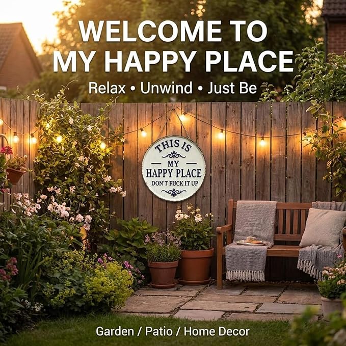 Happy Place – Vintage Statement Metal Sign,“This Is My Happy Place Don’t Fuck It Up” Rustic Tin Plaque for Home Patio Porch & Outdoor Spaces Front Door Home Office Kitchen 12 * 12in