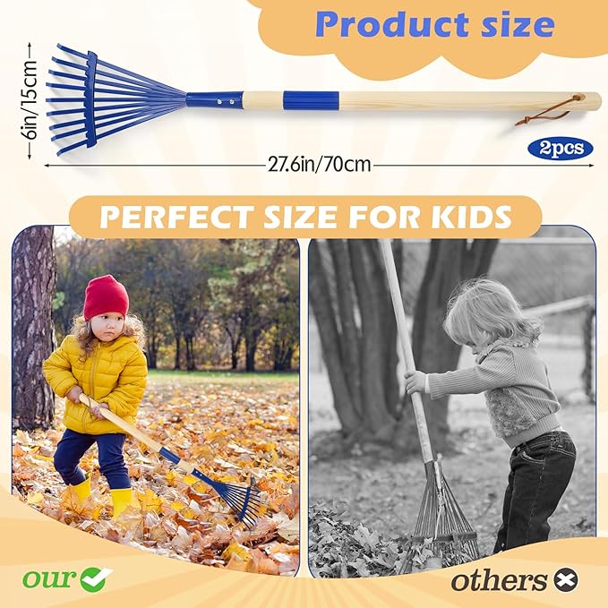 NNG 2 PCS 27" Metal Kids Leaves Rakes and 2 Pairs Kids Gloves,Small Kid Lawn Rakes with Wooden Handle,Garden Tool Set for Boys and Girls