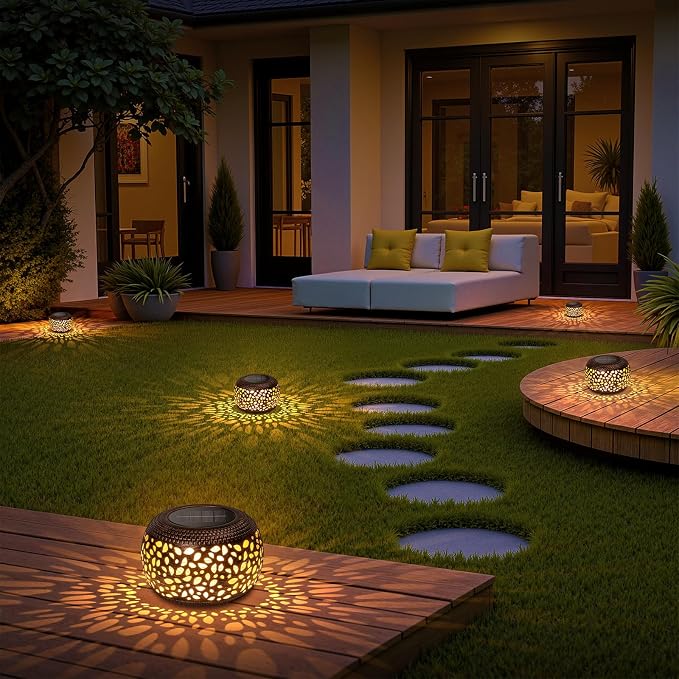Solar Lanterns Outdoor Waterproof, 4 Pack Flower Petal Solar Garden Lights with 2 Lighting Colors, Vintage Metal Outdoor Patio Garden Decor - Unique Gifts for Women Mom Sisters Birthday