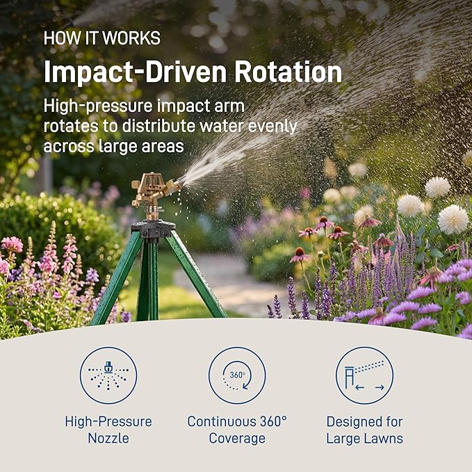 Orbit Tripod Lawn Zinc Impact Sprinkler - 360 Degree Rotating Yard Sprinkler with Adjustable Height - Heavy-Duty Zinc - High-Pressure Nozzle - for Large Lawn Coverage - 56667