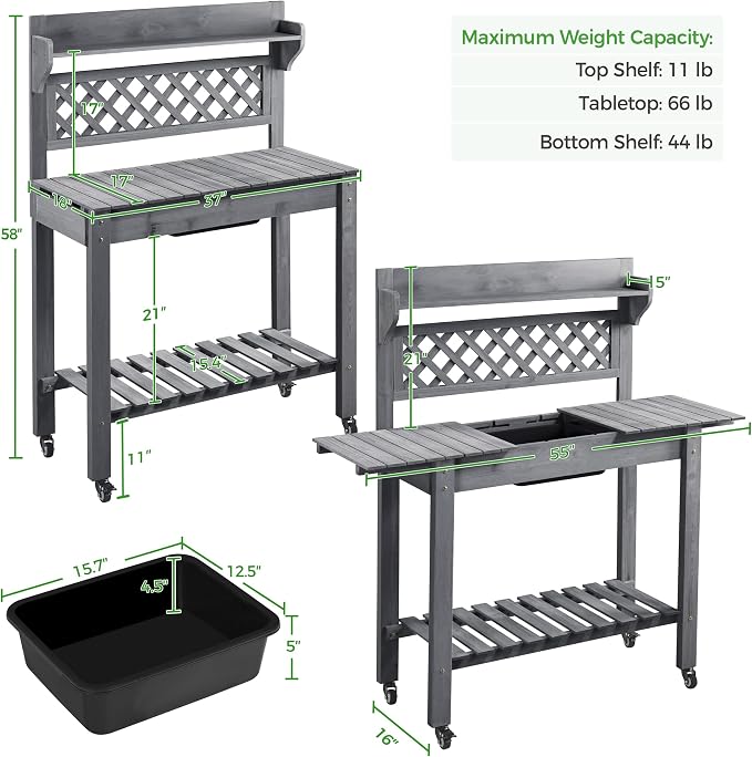 Topeakmart Potting Table Wood Workstation Table w/Sliding Tabletop w/Removable Dry Sink Storage Shelves Outdoor Garden Work Benches Station Planter Bench for Backyard Patio Gray