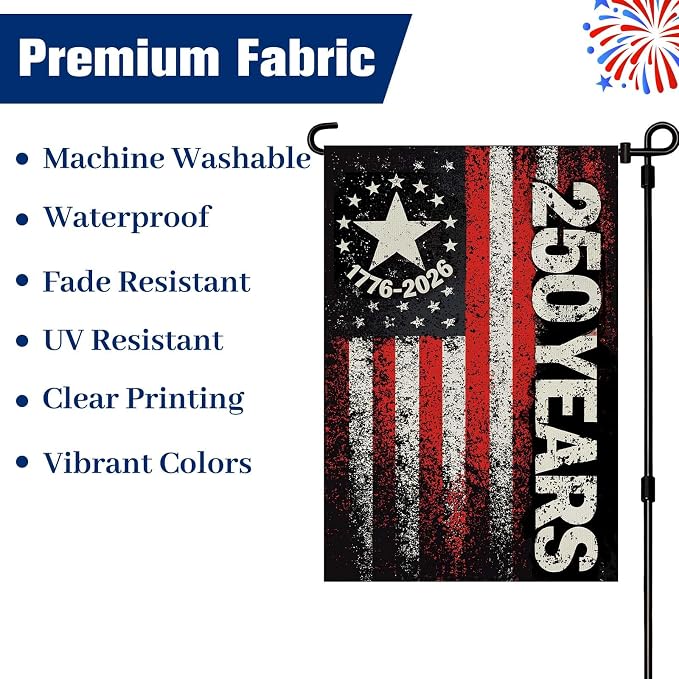 250 Anniversary USA Garden Flag, Double Sided Waterproof Distressed Patriotic Flag 1776-2026, Outdoor Yard Decor 12x18