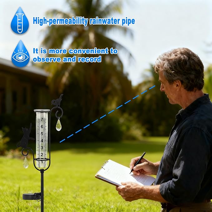 33" Solar Garden Rain Gauge - 7" Glass Tube for Outdoor Indoor Use, Patio Yard Decor Statue,Metal Cat & Bird Rain Gauge.