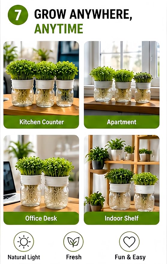 Microgreens Growing Kit for Mason Jar, Sprouting Lid and Seed Sprouter Kit, Easy Indoor Microgreens Grower for Kitchen Herb Gardening and Home Growing（8 Items）