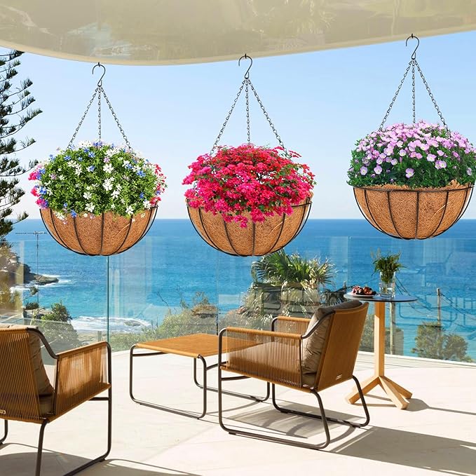 HKZ Hanging Basket Planter Plants Outdoor - 2 Pack 14 Inch Metal Hanging Planter with Coco Liners, Hanging Flower Pots with Chain Hook for Indoor Outdoor Garden Porch Decoration