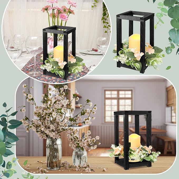 Hushee 30 Pcs Wooden Wedding Lantern Centerpiece Integrated Holders with Candles and Wreaths Rustic Wooden Candle Lantern Decor for Wedding Party Table Valentine Decor (Black)