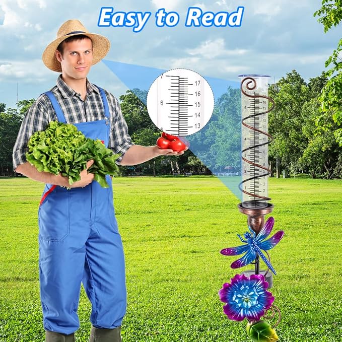 Stargarden Rain Gauge Outdoor, Solar Rain Gauge, Solar Measuring Gauge, Dragonfly Decorative Rain Gauge with 7" Plastic Tube for Yard Lawn Garden