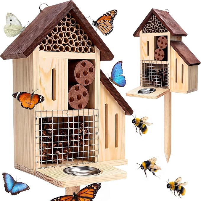 Hoteam Wooden Insect Hotel Bee Ladybugs Butterfly House Large Natural Mason Bee Lady Bug Hotel with Stake and Feeder for Garden Yard Backyard Attract Butterflies Pollinators Beneficial Insect(Brown)