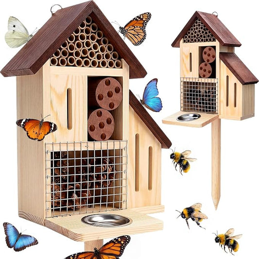Hoteam Wooden Insect Hotel Bee Ladybugs Butterfly House Large Natural Mason Bee Lady Bug Hotel with Stake and Feeder for Garden Yard Backyard Attract Butterflies Pollinators Beneficial Insect(Brown)