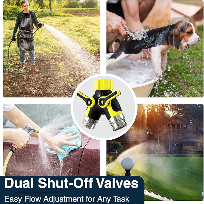 DBR Tech® Hose Splitter 2 Way, Heavy Duty Metal Connector, Two Way Garden Hose Splitter, High Flow Spigot Faucet Bib Adapter, Solid Double Y Shut Off Valve for Outdoor Gardening Hoses, Yellow