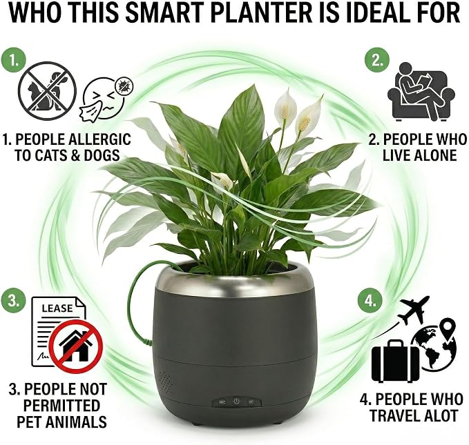 6" Smart Robotic Planter - Black | Interactive Moving & Dancing Flowerpot with Bluetooth Speaker | Touch Responsive Pet Planter for Real Indoor Plants | Custom Voice Record & Motion Sensors