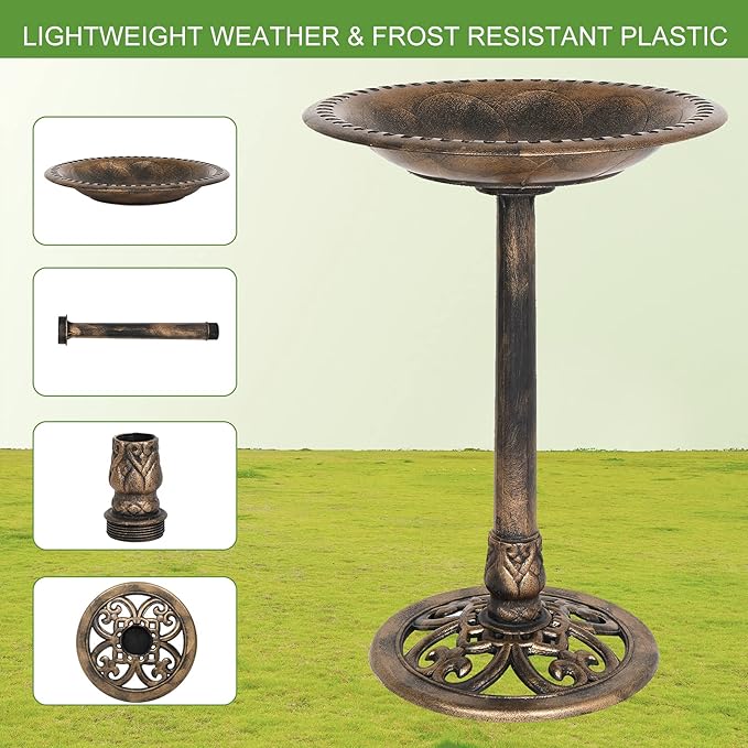VINGLI Pedestal Bird Bath, Resin Birdbaths Weather Resistant Floral Accents and Vintage Finish Garden Decor for Outdoor Lightweight Courtyard