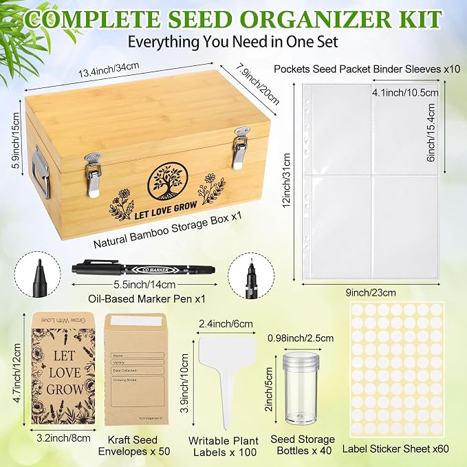 Large Bamboo Seed Storage Organizer with Lid and Locks, Seed Organizer Storage Box with 40 Jars, 50 Envelopes, 100 Plant Labels 60 Stickers & More, 4 Compartments for Garden Seeds