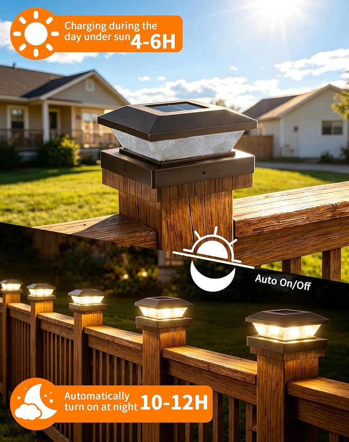 4x4-Solar-Post-Cap-Lights-Outdoor 8 Pack Solar Powered Fence Post Lights 3 Lighting Modes Deck Postcap Light for 3.5x3.5 4x4 Wood/Vinyl Posts LED Waterproof Garden Patio Porch Posts Lighting Black
