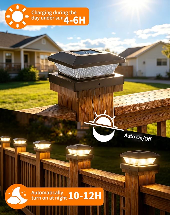 4x4-Solar-Post-Cap-Lights-Outdoor 4 Pack Solar Powered Fence Post Lights 3 Lighting Modes Deck Postcap Light for 3.5x3.5 4x4 Wood/Vinyl Posts LED Waterproof Garden Patio Porch Posts Lighting Black