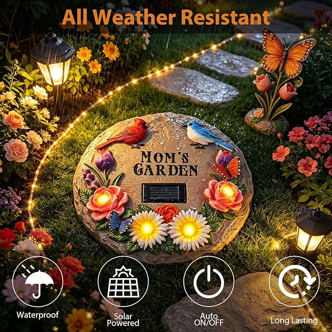Stepping Stones Outdoor Solar Lights for Mother's Day with Cardinal Robin Birds Flowers and Mom's Garden Signs, Garden Gifts for Mom Resin Path Light with 4 LED Lamps for Walkway Yard 10 Inch