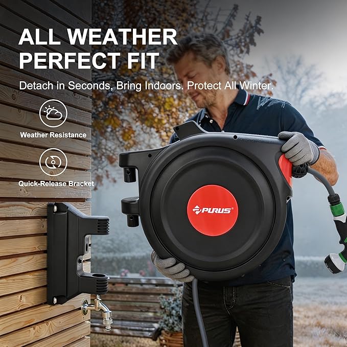 PURUS Retractable Garden Hose Reel,1/2 in x 100 ft Wall Mounted Hose Reel, with 8- Function Sprayer Nozzle, Any Length Lock, Smooth Retraction, Wall Mounted, 180°Swivel Bracket