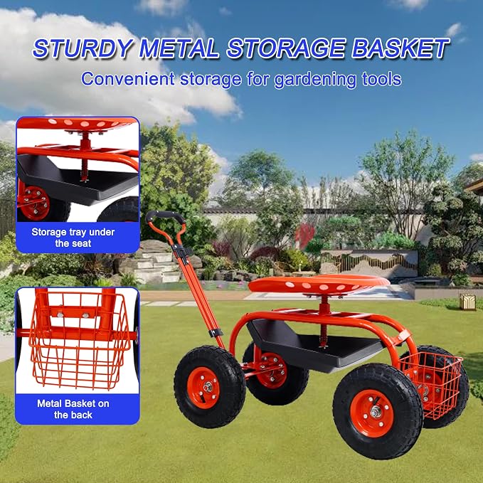 Heavy Duty Garden Cart Rolling Scooter with Adjustable Swivel Seat, 360° Rotation, 10" Pneumatic Tires, Extendable Steering Handle & Tool Basket – Outdoor Yard Gardening Seat with Storage Tray (Red)