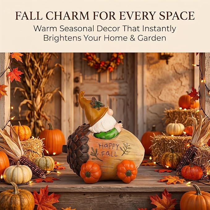 Topadorn Fall Gnome Pine Cone Car Figurine, Resin Harvest Gnome Statue with Pumpkin Wheels and Happy Fall Sign, Thanksgiving Table Decoration, Farmhouse Autumn Decor for Indoor & Outdoor