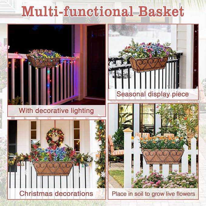 Halatool Railing Planter Box with Artificial Flowers, Metal Window Box with Coconut Liners & 12 PCS UV-Resistant Colorful Faux Flowers for Porch Patio Balcony Windowsill All Season Home Decor (16 in)