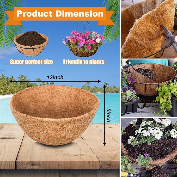 Riare 4 Pack 12 Inch Round Coco Liners Replacement, 100% Natural Coconut Coir Liners for Hanging Baskets, Garden Flower Vegetables Planter Pot, Window Box, Fence, Decks