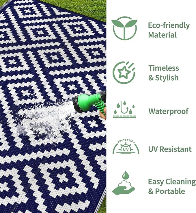 GENIMO Outdoor Rug for Patio Clearance, 10'x14' Waterproof Large Camping Mat, Reversible Plastic Straw Rugs for RV, Camper, Balcony, Backyard, Picnic, Deck (Navy Blue & White)