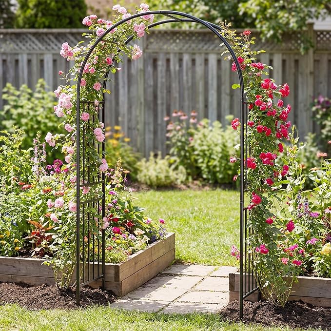 Giantex 2 Pack Garden Arch Outdoor Metal Arbor Trellis, 86'' Heavy Duty Steel Pergola Arch with Ground Stakes for Climbing Plants, Wedding, Party & Backyard Decoration