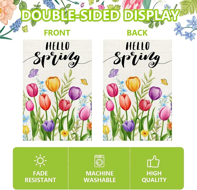 Hello Spring Garden Flag 12x18 Inch, Double Sided Colorful Tulips Flag, Seasonal Flower Yard Outdoor Decoration