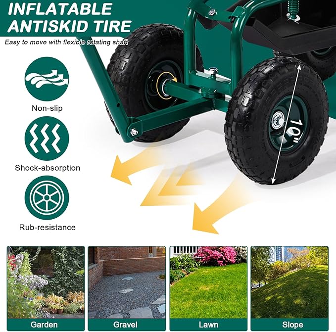 VINGLI Garden Cart with Soft Rolling Seat, Wheels, Adjustable Steering Handle & Utility Tool Tray, Planting Wagon Scooter, Gardening Tool for Senior, for Patio, Backyard, Lawn & Outdoor, Green