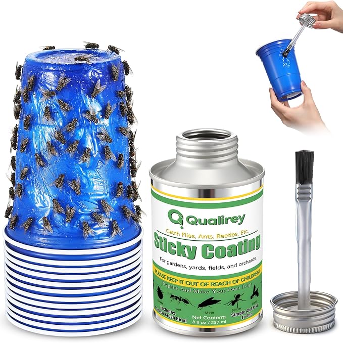 Qualirey 8 oz Tangle Trap Sticky Coating with Brush and 12 Plastic Trap Cups, DIY Insect Adhesive Barrier Coating for Lanternflies & Deerflies, Outdoor Guard for Trees, Plants, Gardens & Orchards