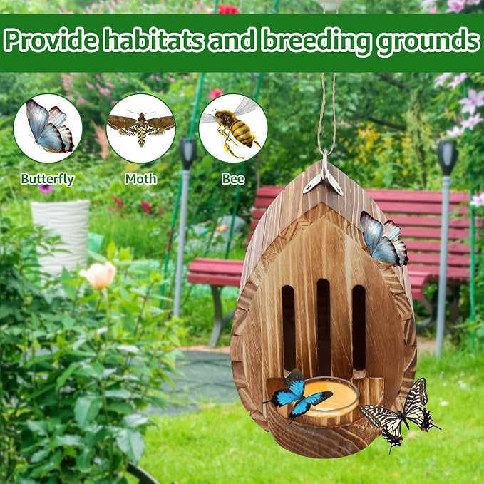 Wooden Butterfly House and Feeder, Teardrop-Shaped Wooden Butterfly with Back Door and Rope, Butterfly House Wooden Habitat for Bee Butterfly Ladybirds, Butterfly Houses Woodens Shelter (2pcs)