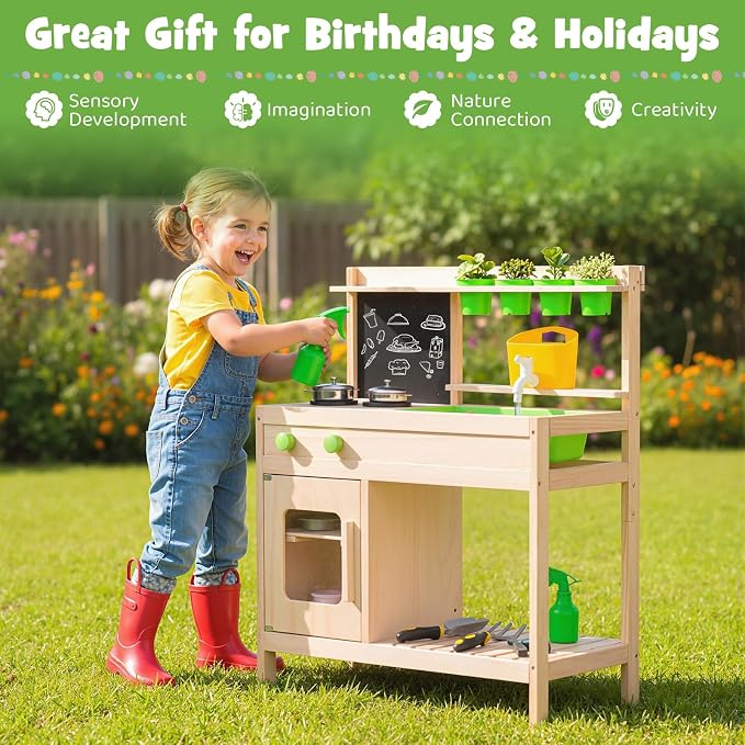 HONEY JOY Mud Kitchen with Running Water, Fir Wood Play Kitchen for Toddlers, 4 Planter Pots w/Accessories, Chalkboard, Sink & Faucet, Outdoor Kids Kitchen Playset for Garden Fun (4 Planter Boxes)