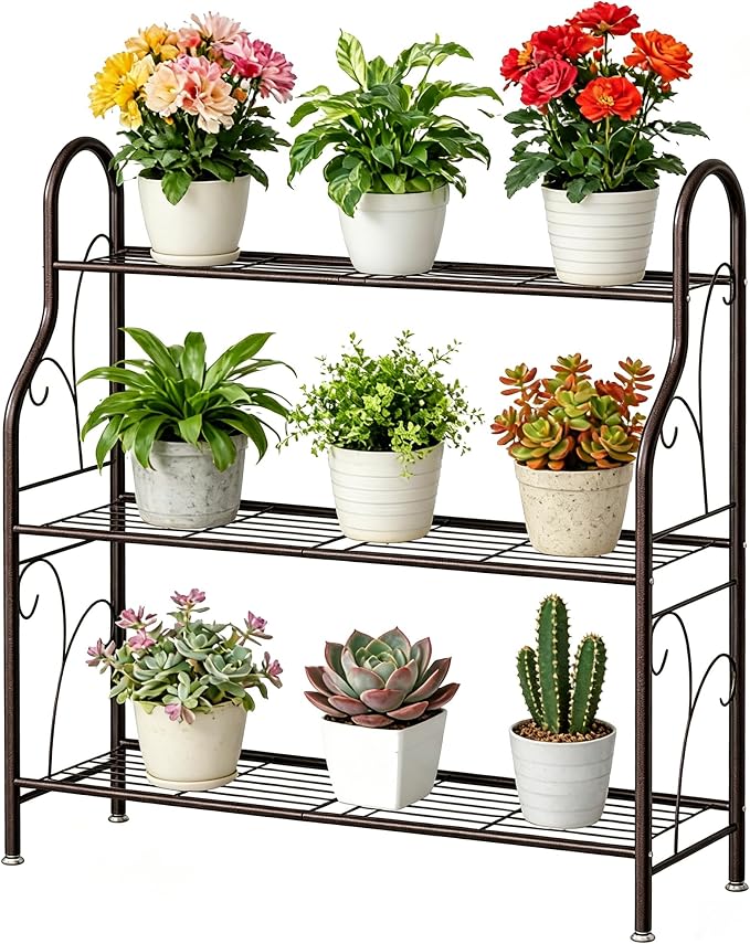 SORCEDAS Plant Stand Indoor Outdoor Plant Shelf 3 Tier Metal Corner Flower Stand Multiple Holder for Patio Garden Balcony Living Room, Bronze