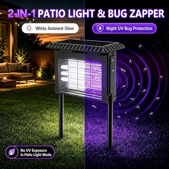 KING&DUKE Solar Bug Zapper Outdoor, 4000V Mosquito Zapper, Smart Rain Sensor, 2-in-1 Insect Trap and Patio Light for Yard Patio Camping