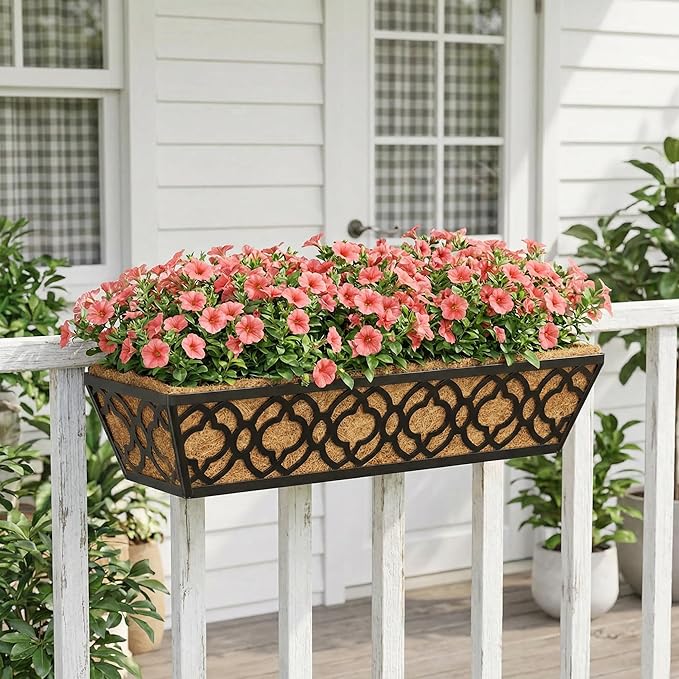 Y&M 4pcs 24 Inch Window Deck with Coconut Coir Liner, 24" Railing Planter Horse Trough Coco Basket Boxes Metal Hanging Flower Balcony for Outdoor Garden Fence Lawn