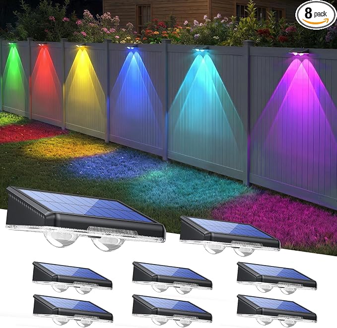 TECKNET Solar Fence Lights Outdoor 8 Pack, Warm White & 6 Colors & RGB, IP66 Waterproof LED Deck Light, Dusk to Dawn Fence Lights Solar for Wall, Railing, Step, Patio, Pool, Backyard, Outside