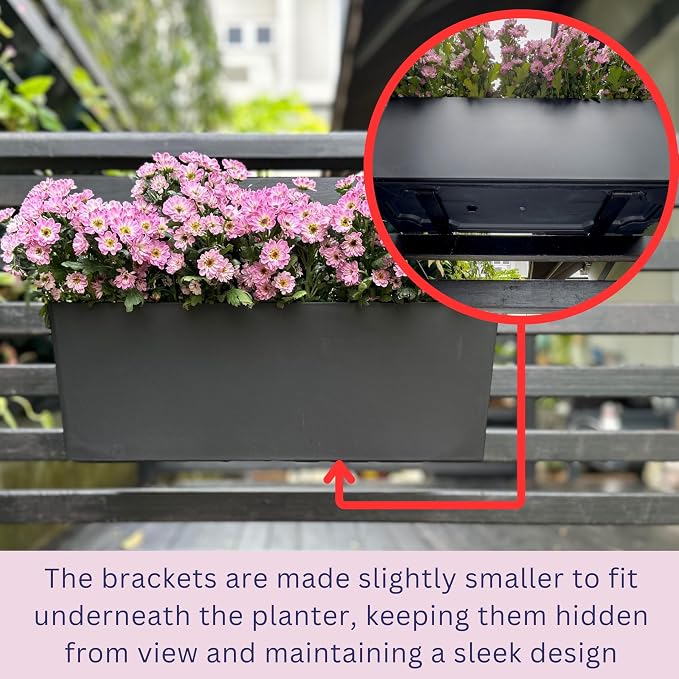 LaLaGreen Rail Planter for Balcony Outdoor (20 Inch, 2 Pack) Large Black Self Watering Railing Planters with Brackets, Rectangular Plastic Deck Fence Window Box Balcony Home Outside Style Garden Décor