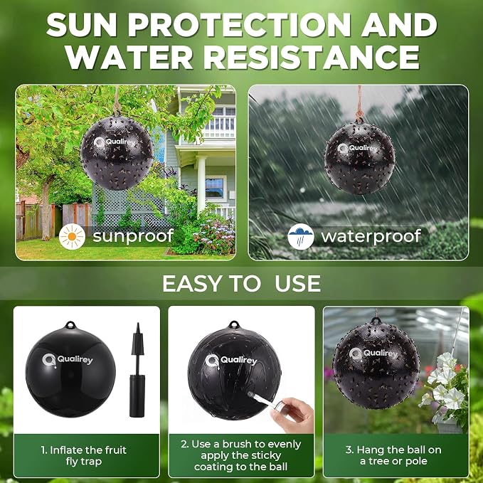 Qualirey 2 Pcs Big Fly Trap Ball 18 inch Hanging Fruit Fly Trap Outdoor Sticky Insect Ball with Sticky Coating Glue Air Pump Adhesive Catcher for Farm Orchard Gnat Mosquito Hornet Deerflies(Black)