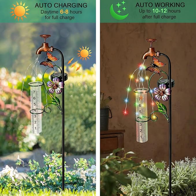 Rain Gauge Outdoor, Decorative Rain Gauge Garden Stake with Butterfly and Flower Design, Copper Faucet Style, Metal Garden Decor for Yard,Garden,Lawn, Pathway, 7" Glass Tube