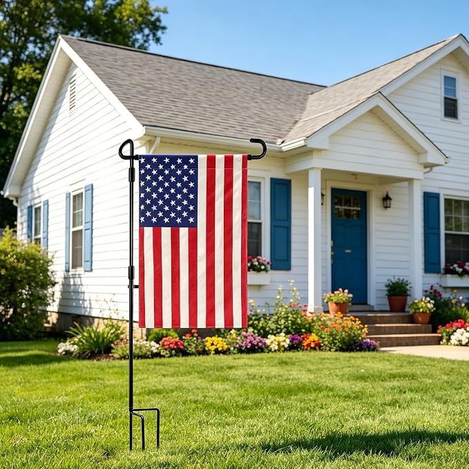 URSKYTOUS Garden Flag Stand with American Garden Flags 12×18 Inch Heavy Duty Flag Pole Holder with Clips and Stopper Small Double Sided American Flags for Outdoor Yard Patio Lawn 4th of July Decor