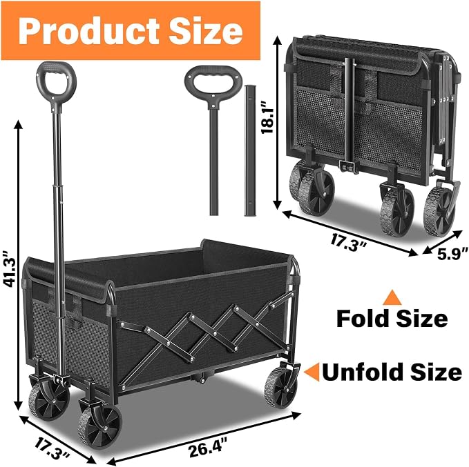 Wagons Carts Foldable, Collapsible Wagon Cart with Wheels - Beach Wagon Cart with Wheels for Sand Sports Camping Grocery