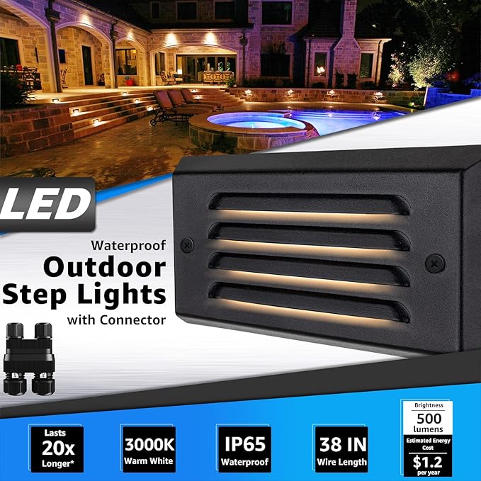 SUNVIE LED Low Voltage Step Lights 3000k Step Light Outdoor 5W Low Voltage Deck Lights with Horizontal Louver Faceplate Deck Stair Light for Stairs Fence Post Fastlock2 Connectors Included, 12 Pack