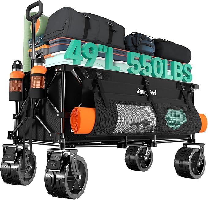 SUNNYFEEL 49" L Foldable Wagon Cart with Big Wheels - 550lbs Heavy Duty Extra Long Collapsible Shopping Cart - Utility Grocery Wagon for Garden Sports Camping Outdoor Activities (Black)