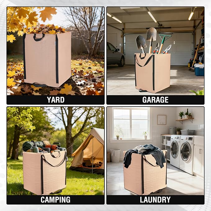 WORKPRO Heavy Duty 72-Gallon Reusable Yard Waste Bags, 3 Pack Self-standing Leaf and Lawn Bags with Reinforced Handles, Garden Waste Bags for Debris, Leaves, Grass, and Outdoor Recycling, Light Tan
