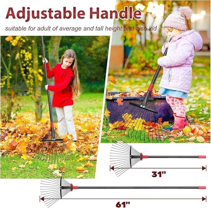 Adjustable Metal Leaf Rake for Leaves, 76-Inch Long Handle Yard Rake with 18 Metal Tines & 8-18" Expandable Head, Lightweight Garden Rake for Lawns, Grass Clippings, Pine Needles