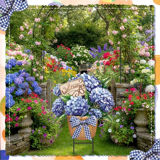 Amyhill Summer Outdoor Decor Hydrangea Metal Garden Stakes 25 Inch Decorative Hydrangea Yard Signs with Stakes Waterproof Floral Lawn Sign Welcome Outdoor Decorations for Patio Porch Lawn Backyard