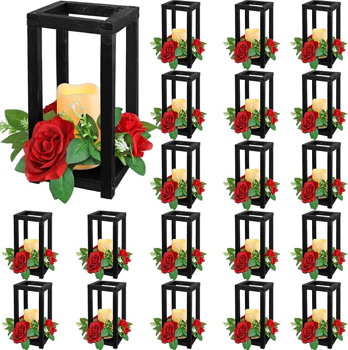Hushee 60 Pcs Integrated Wedding Lantern Centerpiece Rustic Wooden Holder with Candles and Rings Farmhouse Candle Lantern Decor for Home Valentine Wedding Party Table Decor (Black and Red)