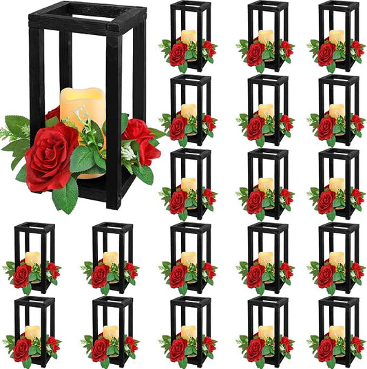 Hushee 60 Pcs Integrated Wedding Lantern Centerpiece Rustic Wooden Holder with Candles and Rings Farmhouse Candle Lantern Decor for Home Valentine Wedding Party Table Decor (Black and Red)