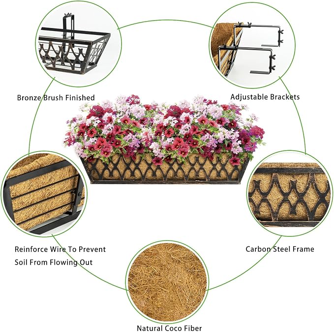 2 Pack 30 Inch Window Boxes Planters Railing Planter Box with Adjustable Brackets for Porch Fence Patio Balcony Hanging Flower Baskets with Coco Liners for Outdoor Garden Décor - Bronze