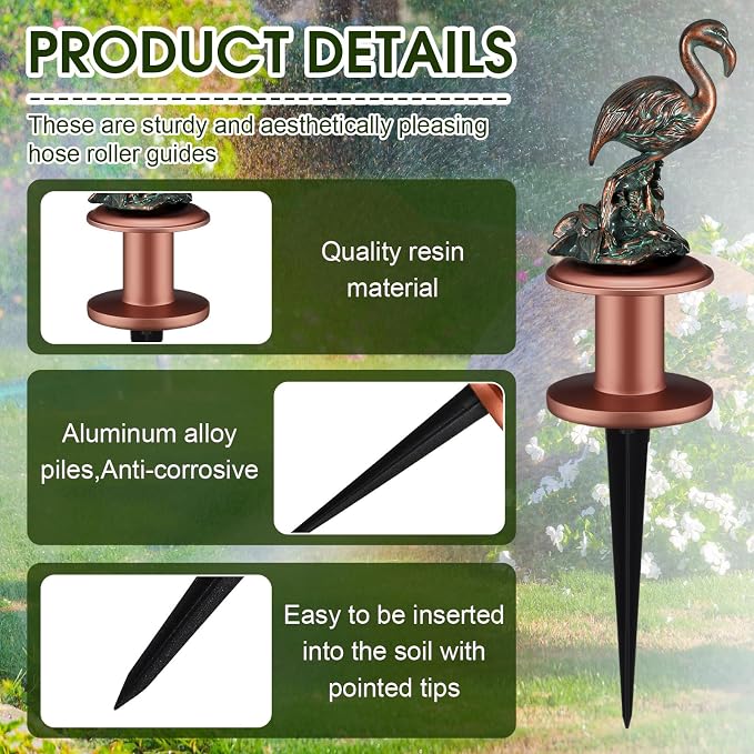Zonon 6 Pcs Garden Hose Guide Stake Decorative 11.8 Inch Heavy Duty Metal Antique Water Hose Roller Guard Guide Stake Spike Resin Plant Saver Tools for Lawn Yard Garden(Antique Copper,Birds)